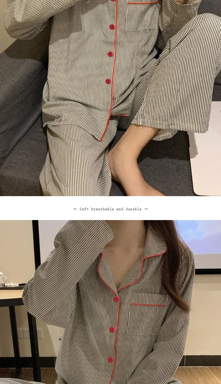 2PCS/Set Women's Long Sleeve Loose Breathable Student Sleepwear Loungewear Cardigan Gray Striped Girl Fashion Pajamas Homewear - Smarsty