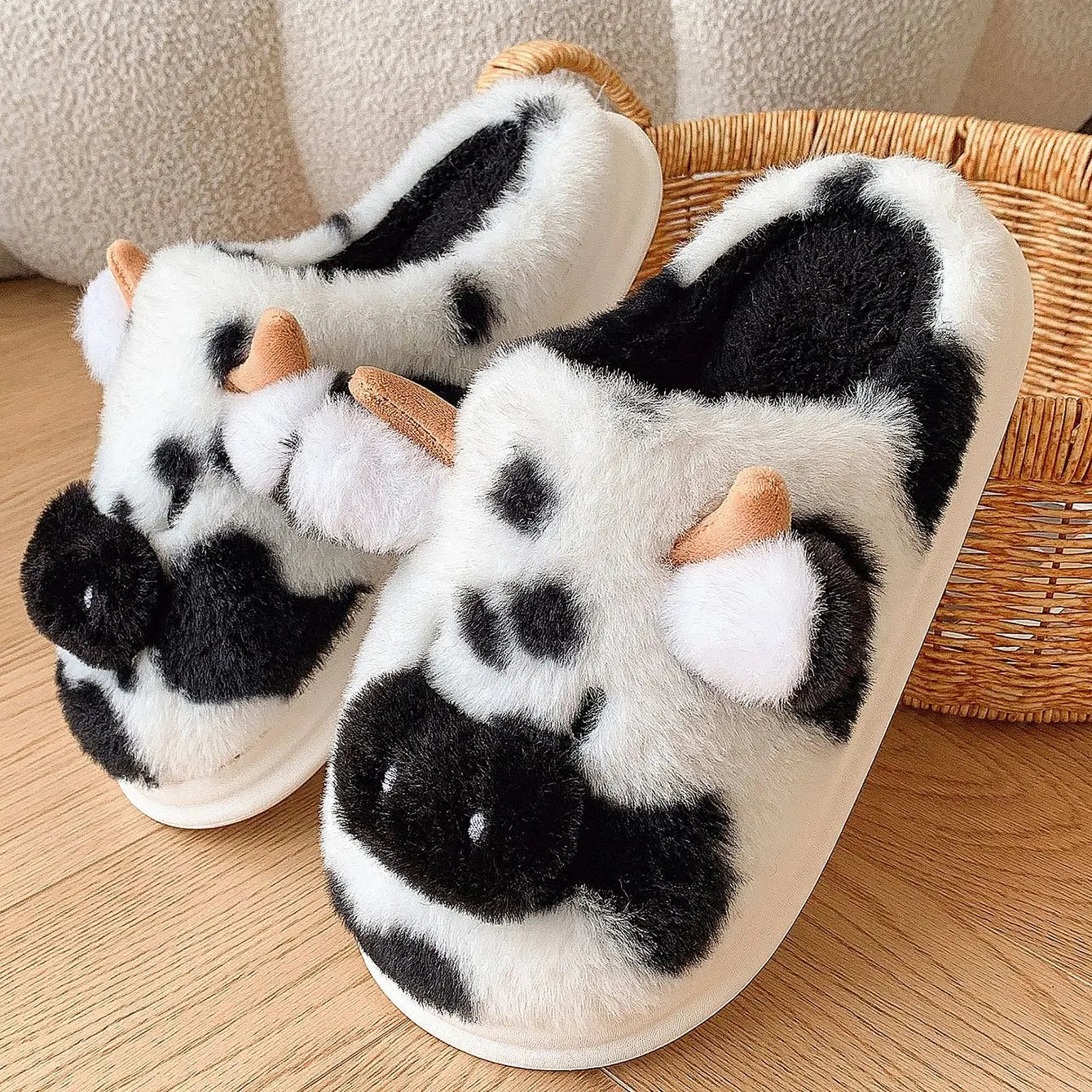 Casual Fluffy Slippers Women House Cute Cartoon Cow Designer Shoes Girl Flat Fashion Elegant Plush Winter Platform Footwear Home - Smarsty