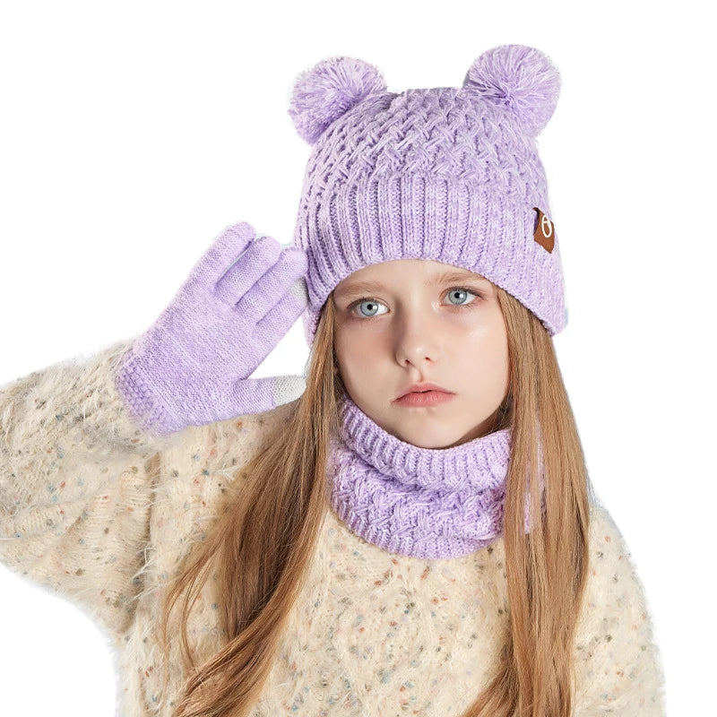 Winter Kids Hat Set Warm Beanie Scarf Gloves Pompom Fleece - Smarsty