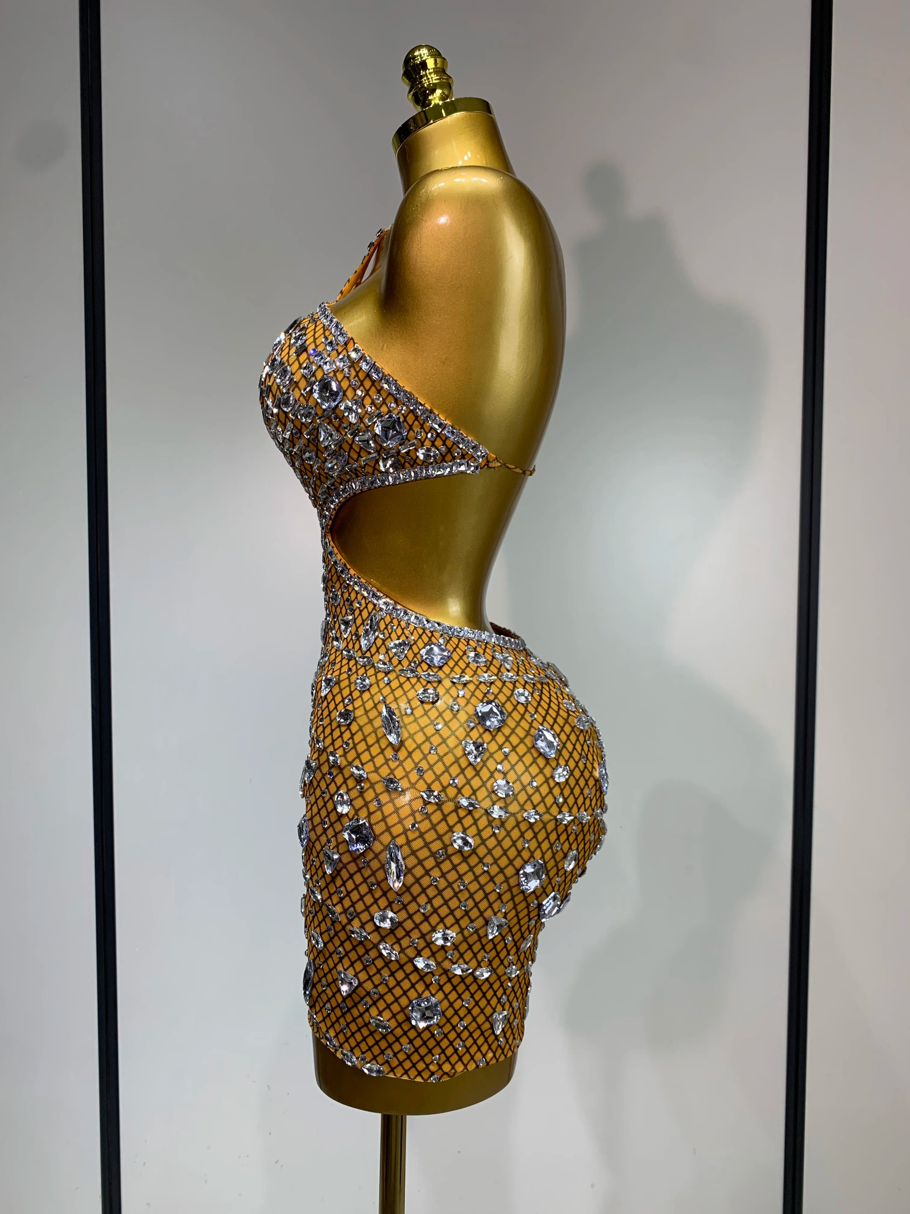 Sexy Sparkly Diamond Backless Short Dress 2025 Women Sleeveless Mesh See Through Evening Birthday Gown Singer Stage Outfit - Smarsty