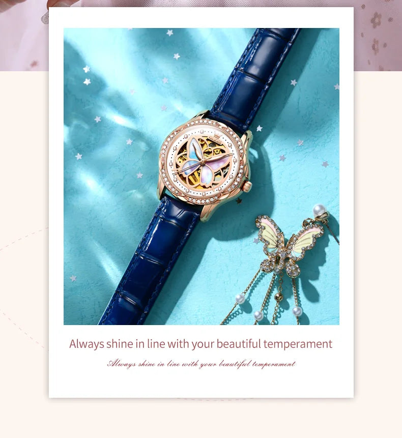 OLEVS 6615 Womens Watch Original Bezel Ceramic Mechanical Automatic Wristwatch Waterproof Luminous Ladies Watch Butterfly Dial - Smarsty