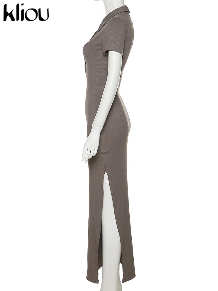 Kliou Elegant Office Lady Maxi Dress Women Solid Fashion Turn-down Collar Short Sleeve Button Side Slit Body-Shaping Street Robe - Smarsty