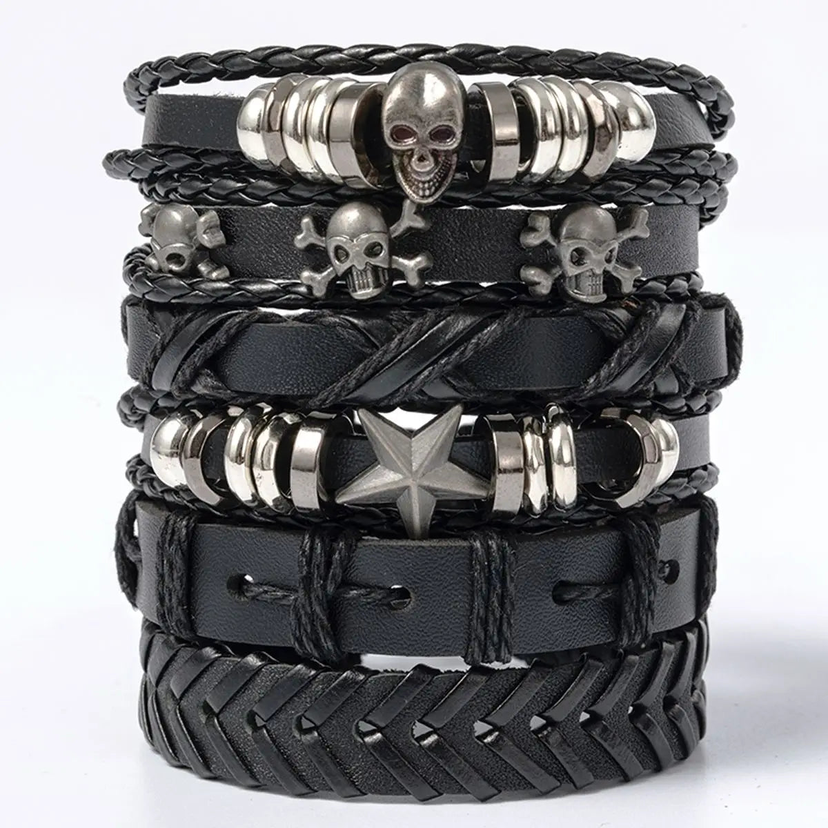 6pcs Black Punk Skull Leather Bracelets Set - Smarsty