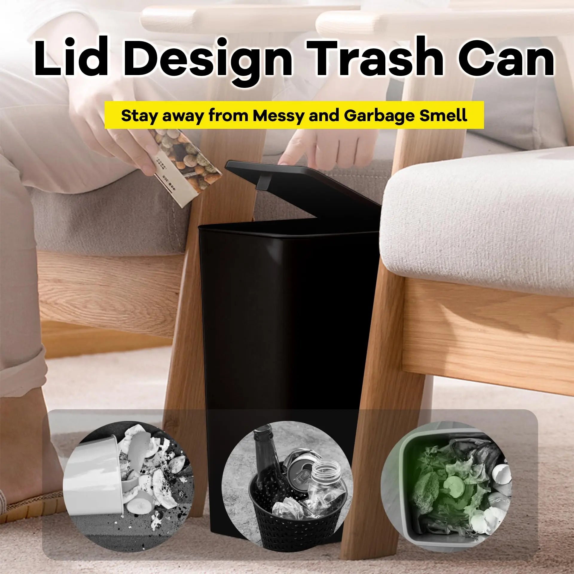 Bathroom Trash Can-10L Small Garbage Can with Press Top Lid for Toilet,Bedroom,Living Room – Plastic Wastebasket with Pop-up Lid - Smarsty