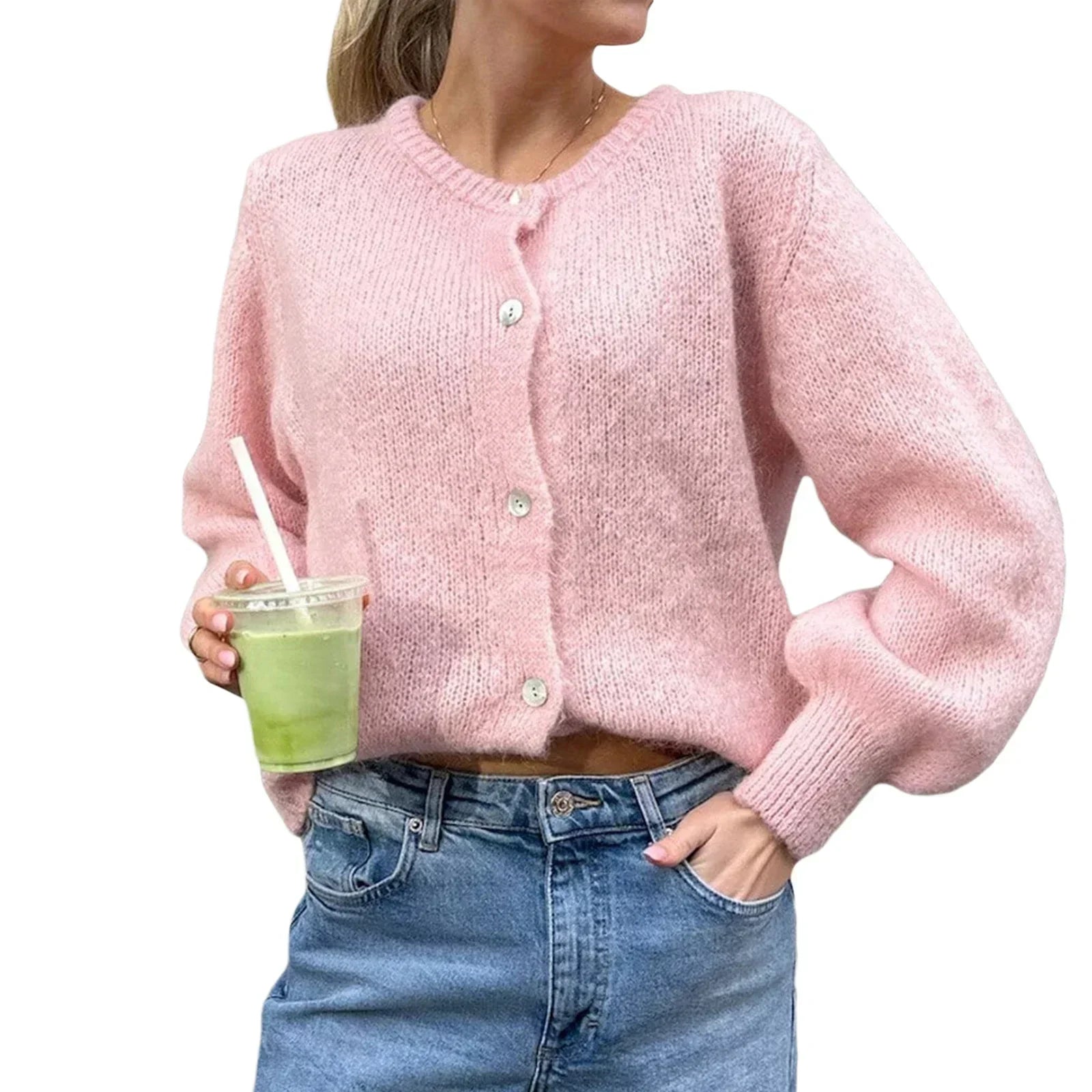 Women Solid Knitted Single Breasted Cardigan O-neck Long Sleeve Loose Soft Sweater 2024 Autumn Lady Knitwear - Smarsty