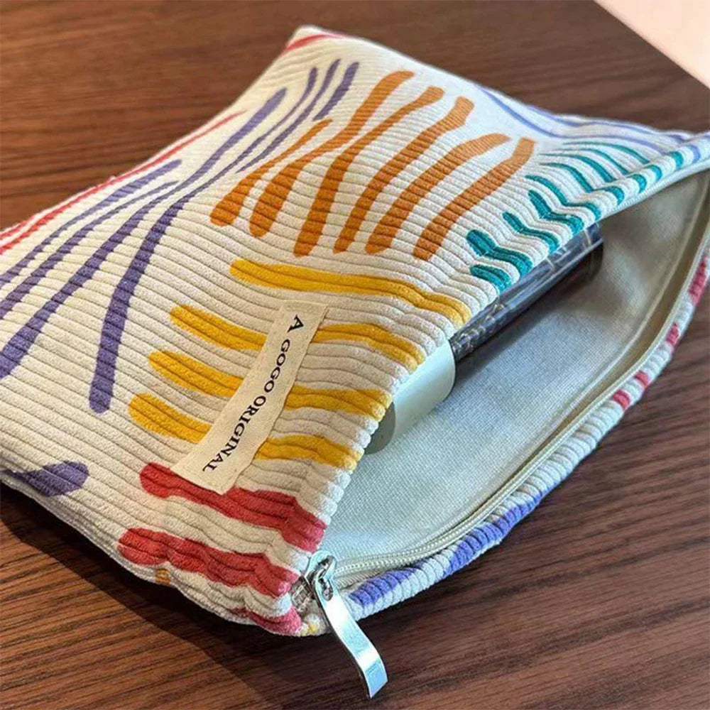 Colorful Stripes Corduroy Cosmetic Bag Portable Travel Toiletry Bag Skincare Sundries Aesthetic Makeup Storage Bag-zmt - Smarsty