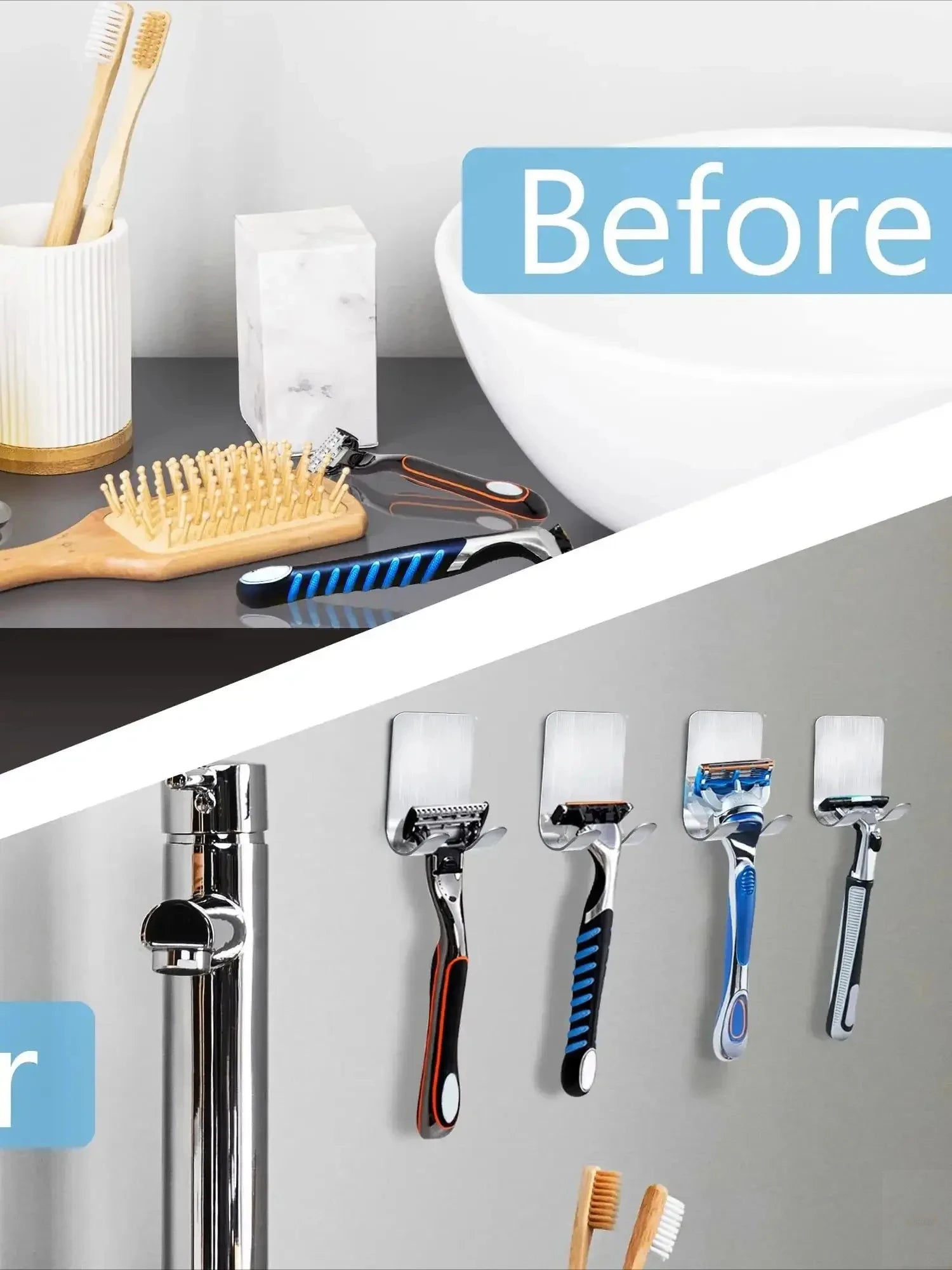 2pcs Razor Holder Stainless Steel Men Shaving Shaver Razor Stand Shelf Shaving Razor Storage Rack Bathroom Hook Organizer