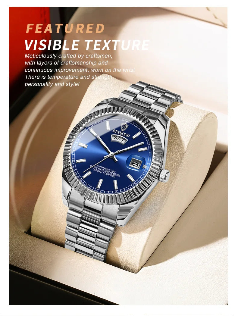 BINBOND Mens Waterproof Quartz Watch with Stainless Steel Band - Smarsty