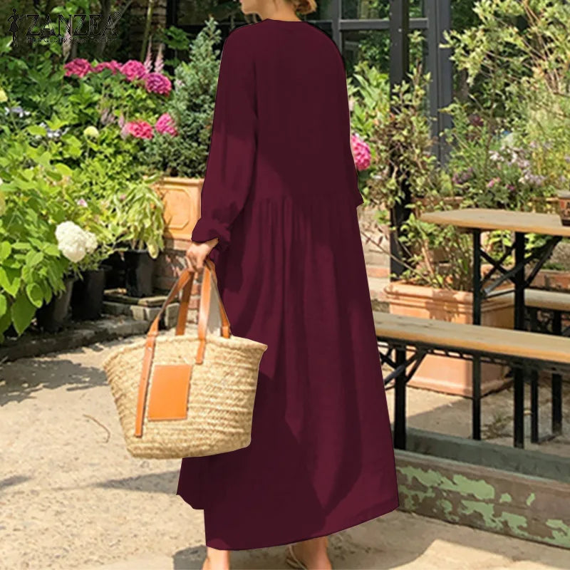 Women's Elegant Solid Cotton Robe Femme 2022 Spring Autumn Bohemian Maxi Dress ZANZEA Casual Long Sleeve Shirt Dresses Oversized - Smarsty
