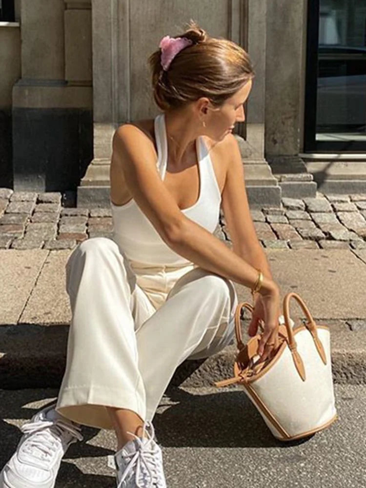 White Halter Sexy Backless Tank Tops for Women Streetwear 2024 Sleeveless Ribbed Knit Vest Top Cropped Feminino - Smarsty