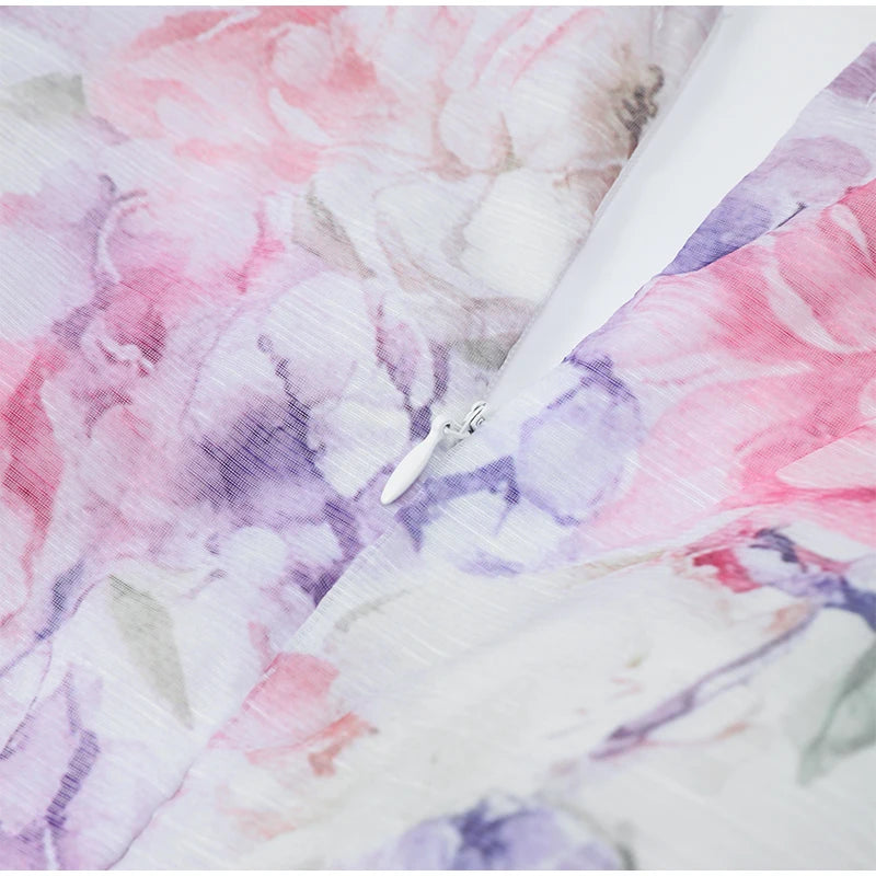 Women Mesh Patchwork Flower Print Mini Dress Elegant V-neck Short Sleeve High Waist A-line Dresses 2025 New High Street Vestidos - Smarsty