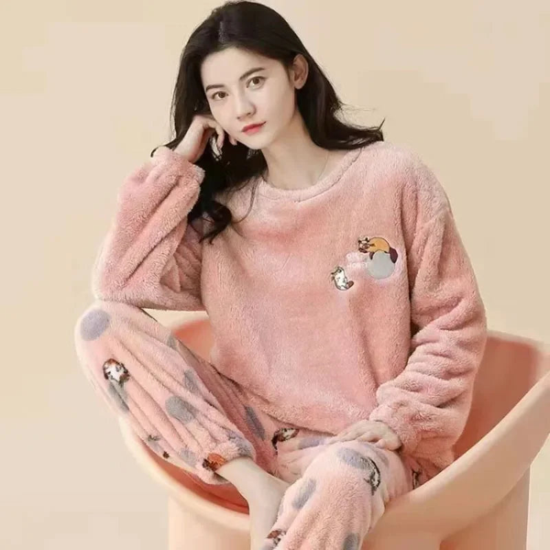 Thickened Warm Flannel Women's Sleepwear Coral Velvet Pajamas Loungewear Winter Cartoon Bear Padded Girl Nightwear Homewear Sets - Smarsty