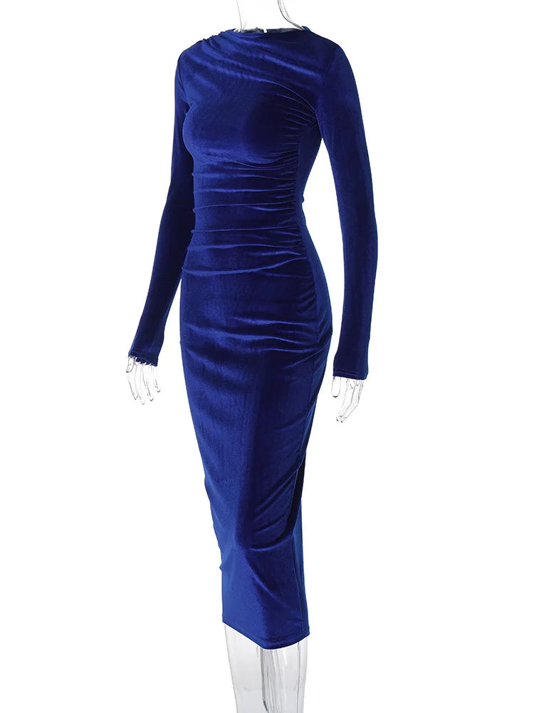 Dulzura 2024 Spring Summer Velvet Long Sleeve Midi Dress For Women Ruched Long Dress Elegant Party Clothes Evening Green Outfits - Smarsty