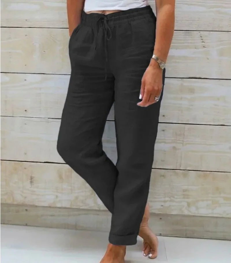 Summer Cotton Linen Pants For Women High Waist Elastic Sweatpant 2025 Loose Pencil Pant Casual Streetwear Solid Pocket Trousers - Smarsty
