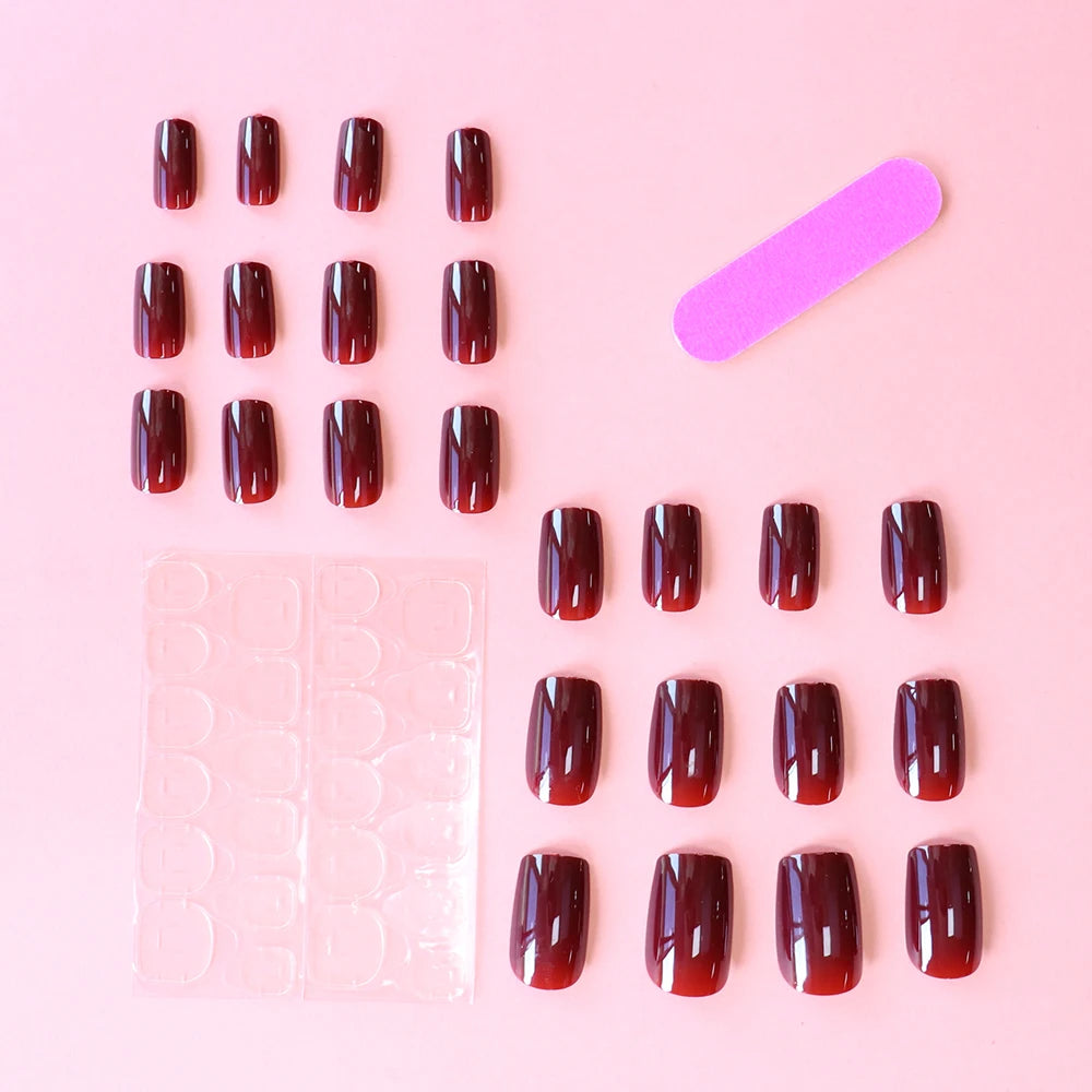 Short Square Wine Red Press On Nails Set - Smarsty