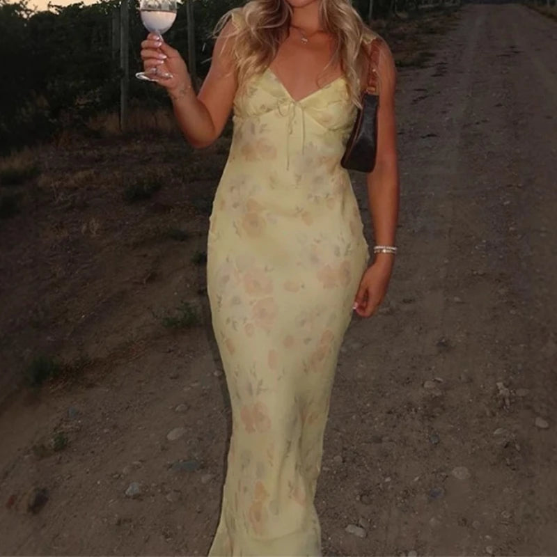 Summer Flower Printed Women's Sexy Low-cut Dress Sleeveless Backless Slim Sling Dresses 2025 Beach Vacation Lady Vestidos - Smarsty