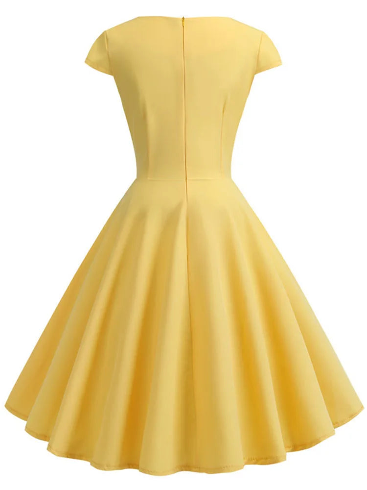 Pink Summer Dress Women V Neck Vintage Robe Elegant Retro pin up Party Office Midi Dresses - Smarsty