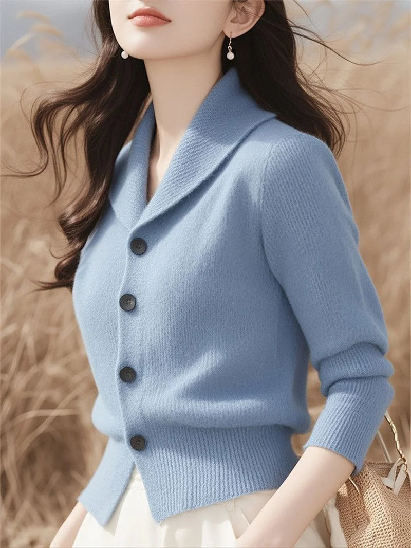 2025 New Spring Autumn Turndown Collar High End Women Knitt Cardigan Sweater Fashion Korean Version Female Knitwear Tops - Smarsty
