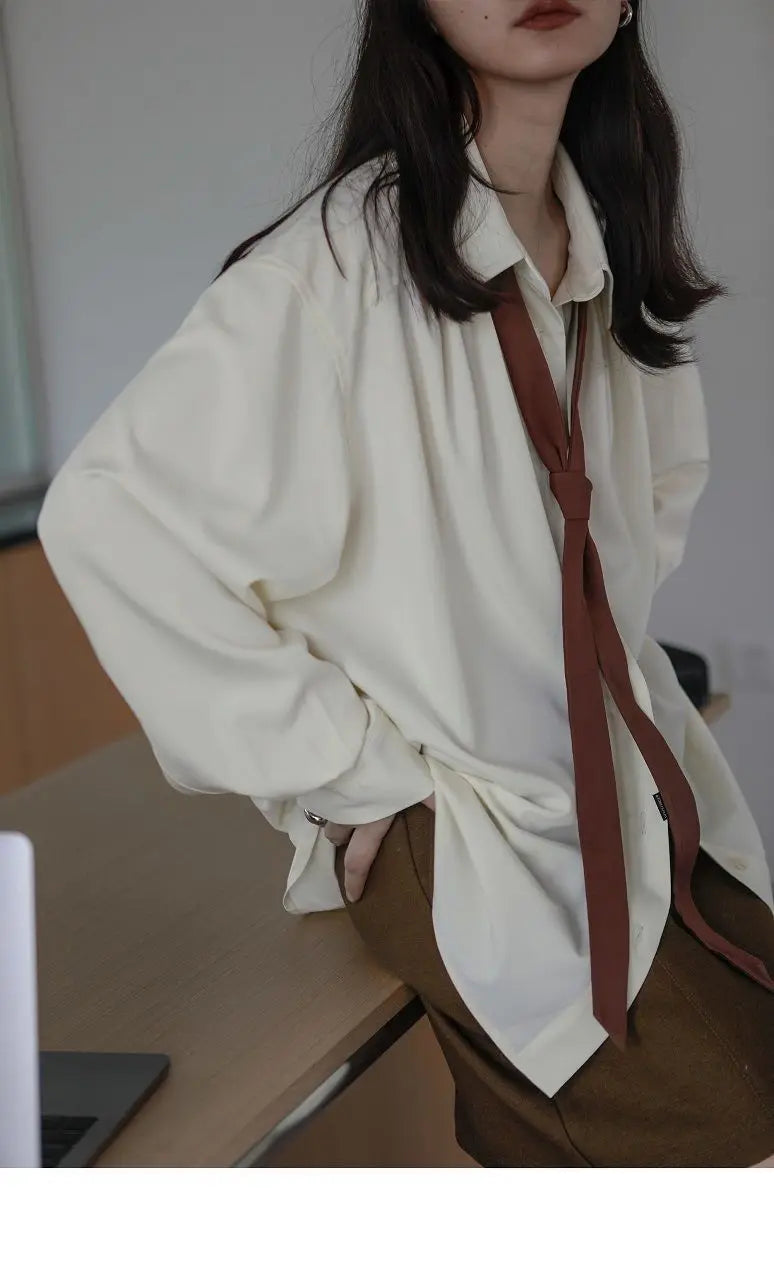 2025 Summer Minimalist Long Sleeve Button Up Shirt Women Korean Style Solid Tie Oversize Shirts Blouse Loose Clothes Autumn Tops - Smarsty
