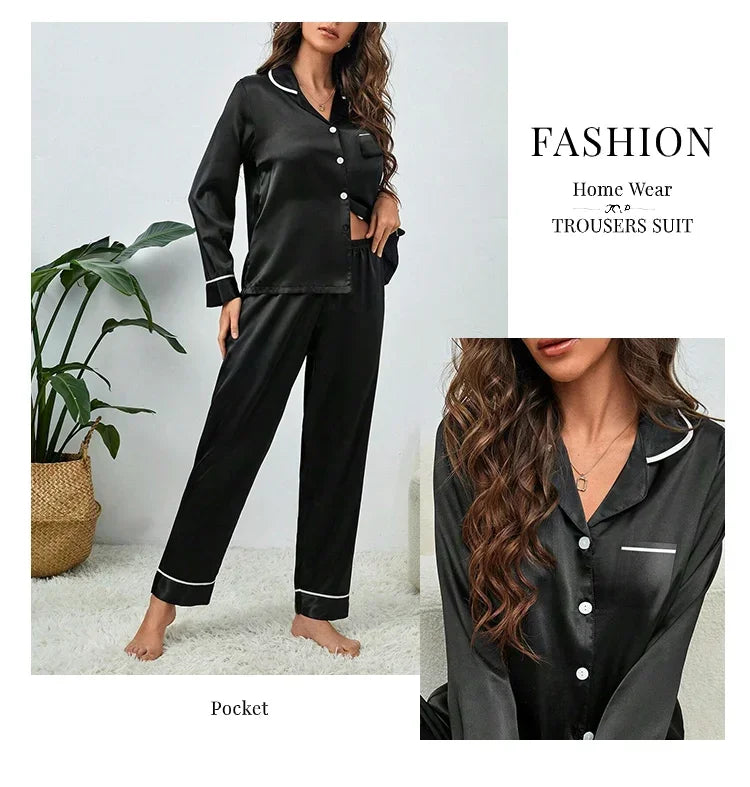 Plus Size Autumn and Winter Silk Pajamas Women Tops and Pants Solid Casual Soft Nightwear Buttons Cardigan Sleepwear Homewear - Smarsty