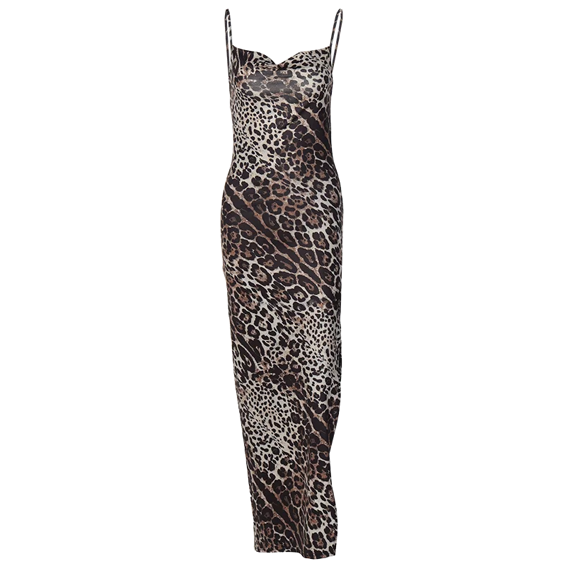 Hugcitar Leopard Print Swing Collar Sleeveless Sexy Maxi Slit Prom Dress Summer Women Fashion Y2K Clothes Party Beach Vacation