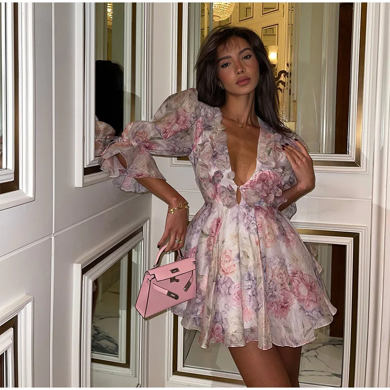 Sexy Flare Sleeve V Neck Printed Mini Dress Fashion Pleated A-line High Waist Gown New Lady Summer Evening Party Club Vestidos