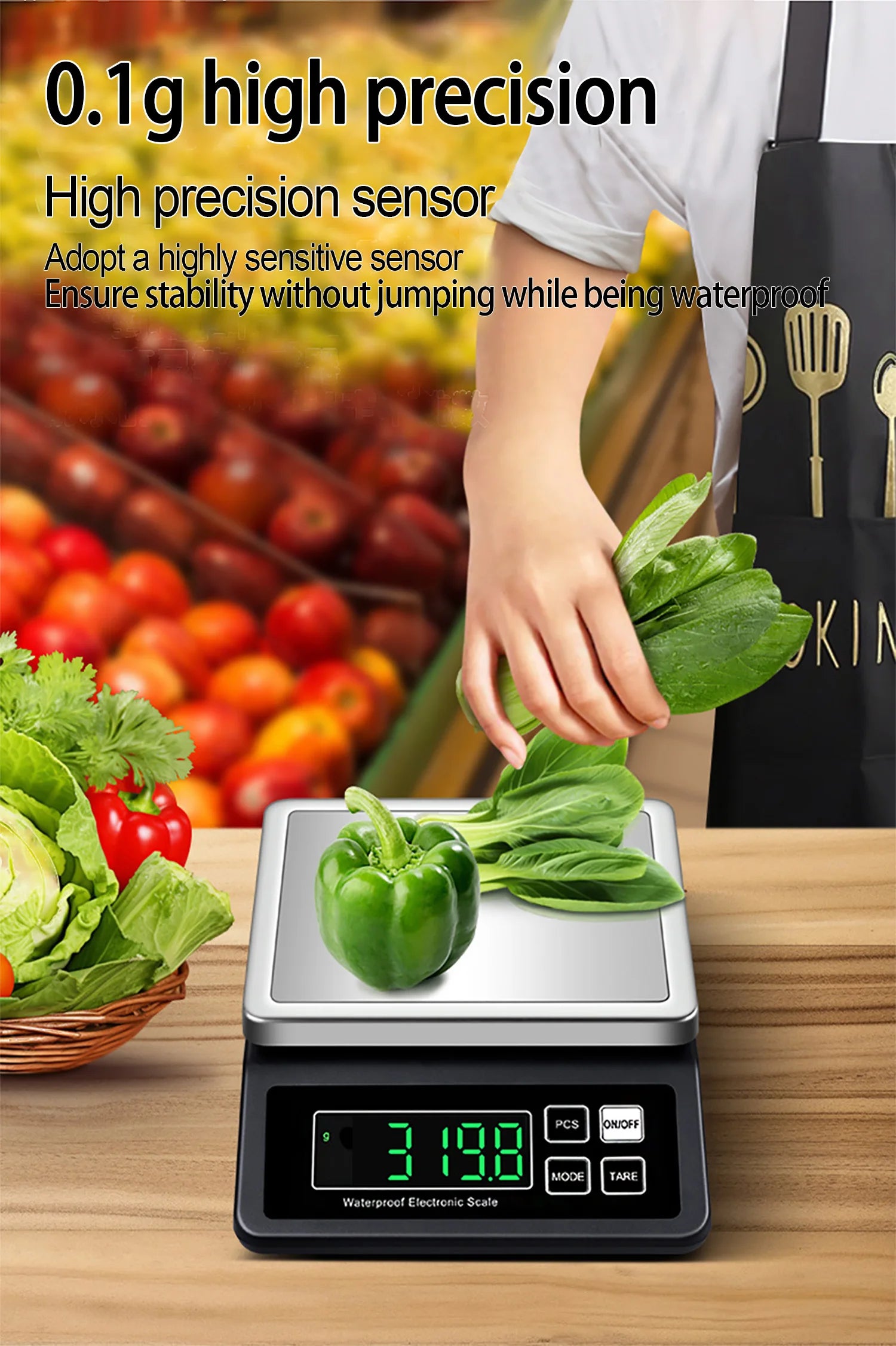 Rechargeable Kitchen Scale IP67 Fully Waterproof Home Kitchen Scale 0.1g/1g High Precision Electronic Balance 3kg/5kg/10kg/15kg by Smarsty