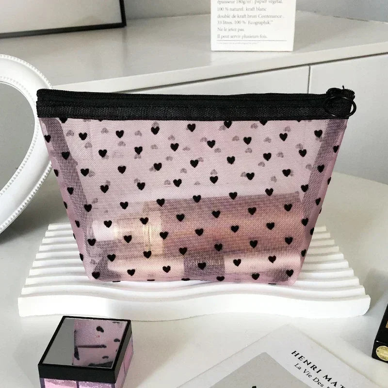 Heart Shaped Nylon Mesh Cosmetic Bag Zipper Organizer - Smarsty