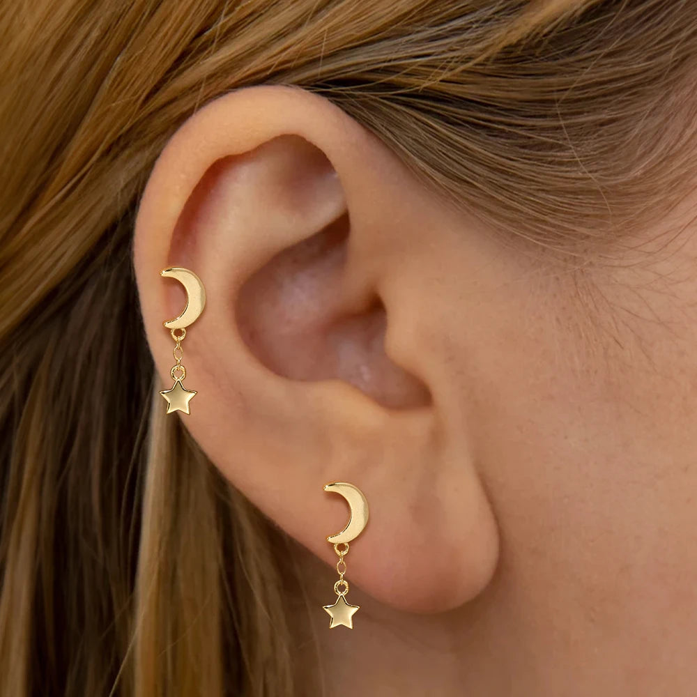 925 Silver Star Moon Zircon Stud Earrings Hypoallergenic - Smarsty