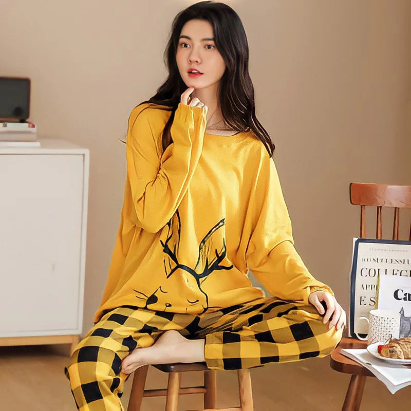 Spring and Autumn New Ladies Pajamas Homewear Set of Long-Sleeved Autumn and Winter Homewear Women Plus Size Pajamas Set - Smarsty