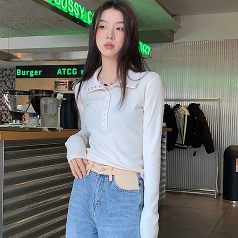 Fall Winter Long Sleeve Knit Pullovers Woman Y2K High Street Button Up Sweaters for Women Vintage Gray Ribbed Bottoming Tops - Smarsty