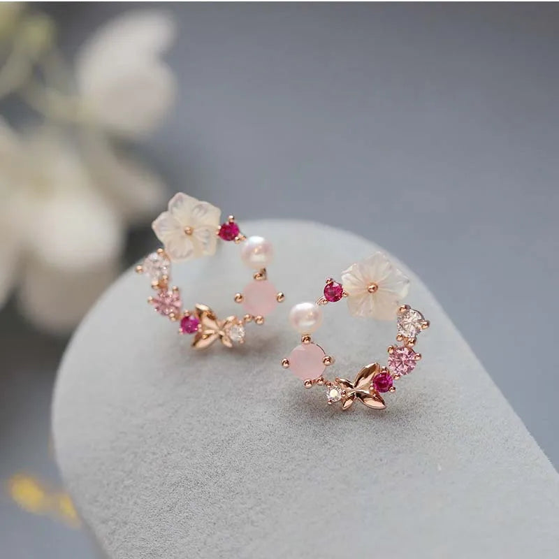 Pink Crystal Butterfly Pearl Stud Earrings For Women - Smarsty