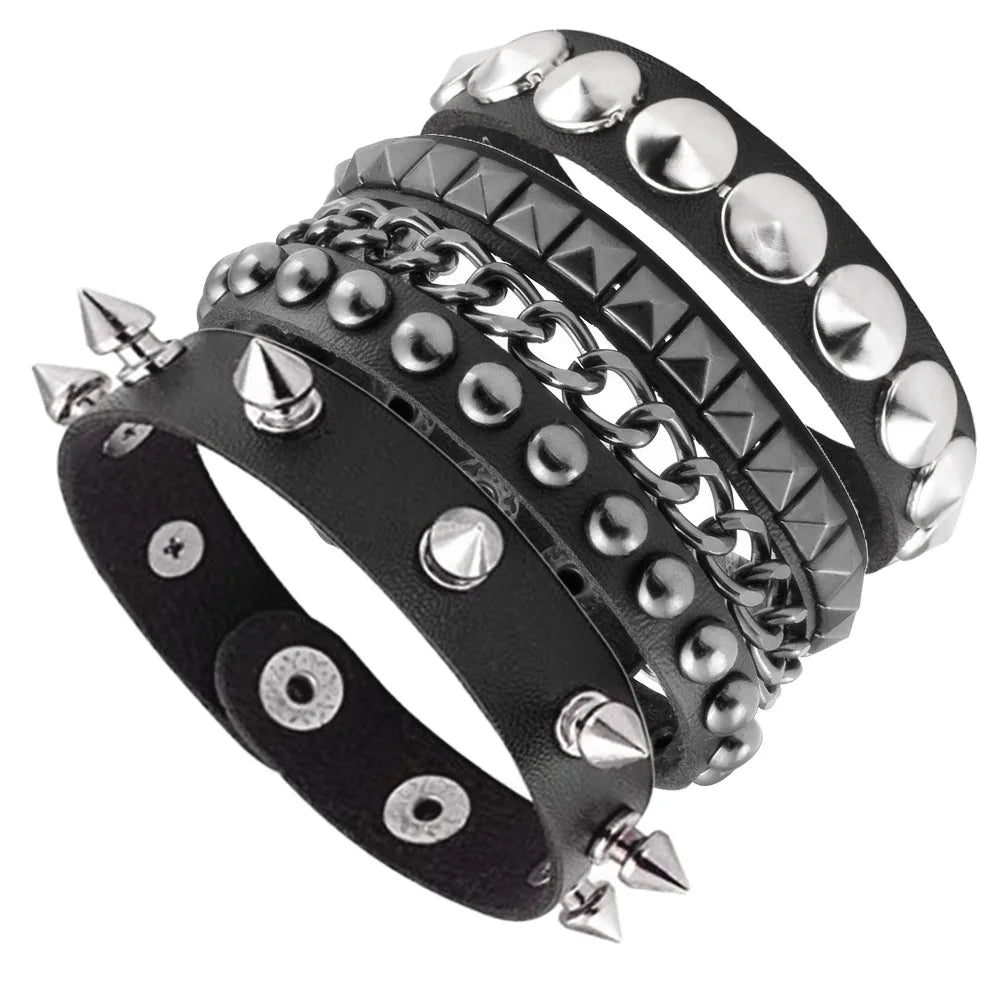 Black Goth Leather Bracelets Set with Spike Rivets - Smarsty