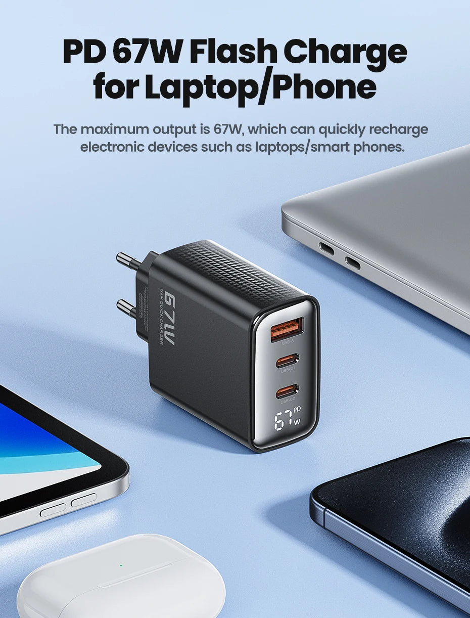 GaN USB Type C Charger With Digital Display 65W Power - Smarsty