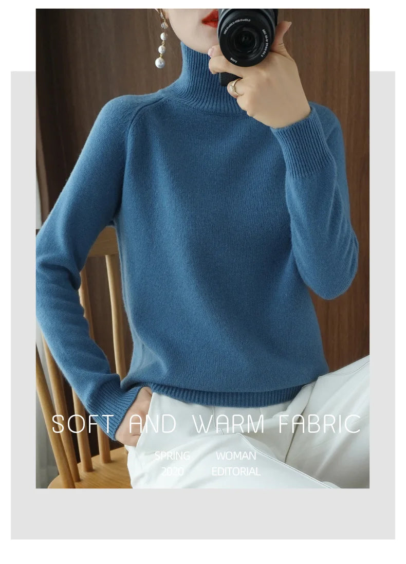 Fashion Basic Autumn Winter Merino Wool Sweater Mock Neck Cashmere Pullover Solid Color Soft Long Sleeve Clothing Tops - Smarsty