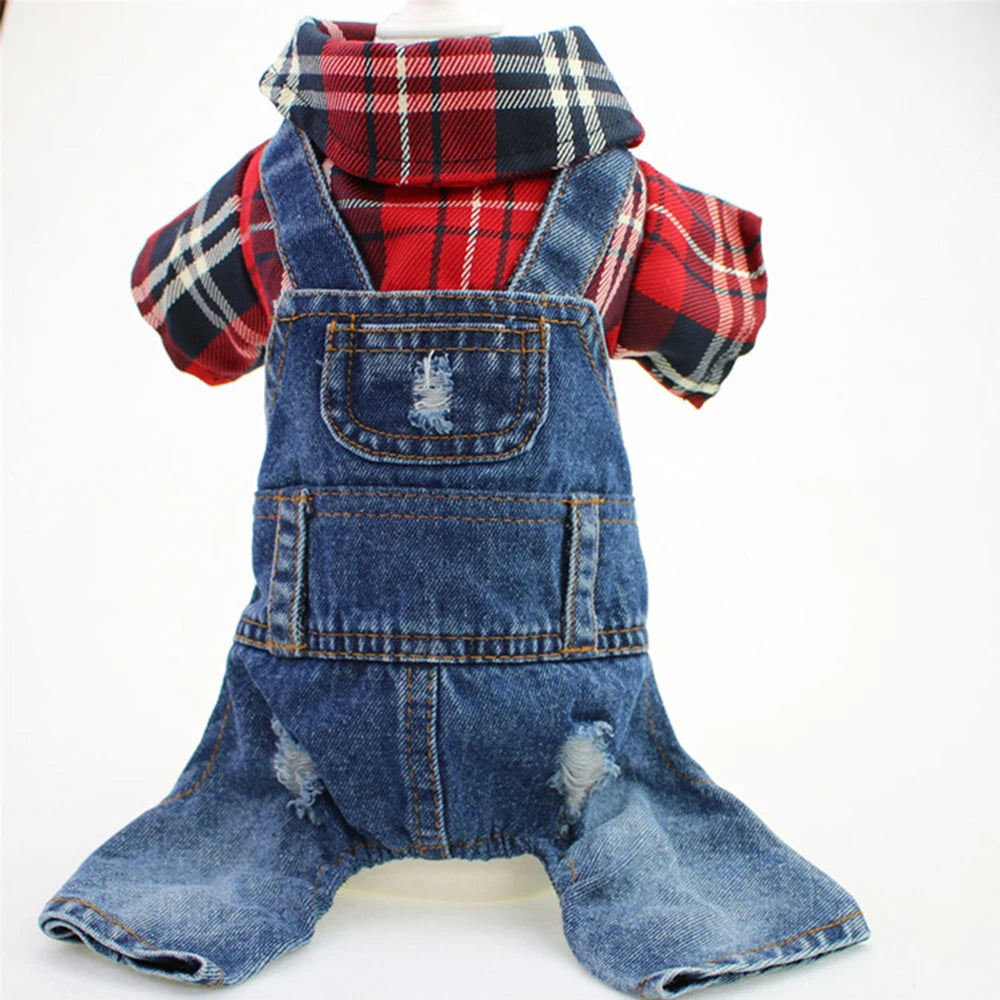 Denim Plaid Jumpsuit Hoodie for Dogs and Cats - Smarsty