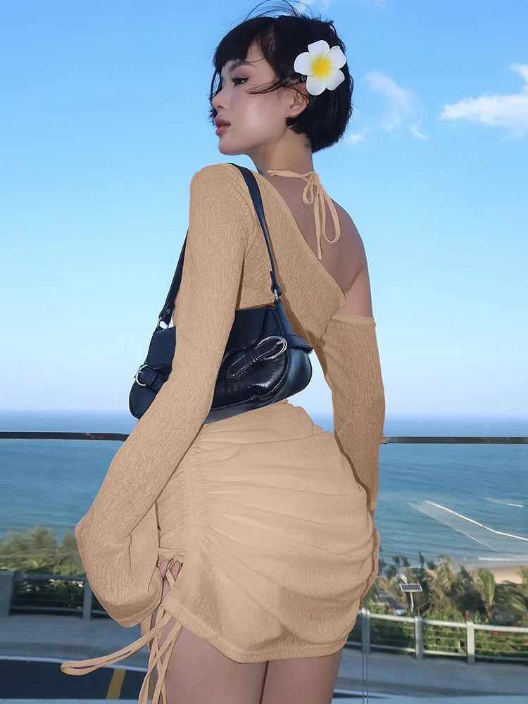 Dulzura Solid Skew Collar Ruched Straps Lace-Up See Through Draw String Mini Dress 2023 Summer Women Party Clubwear Wholesale - Smarsty