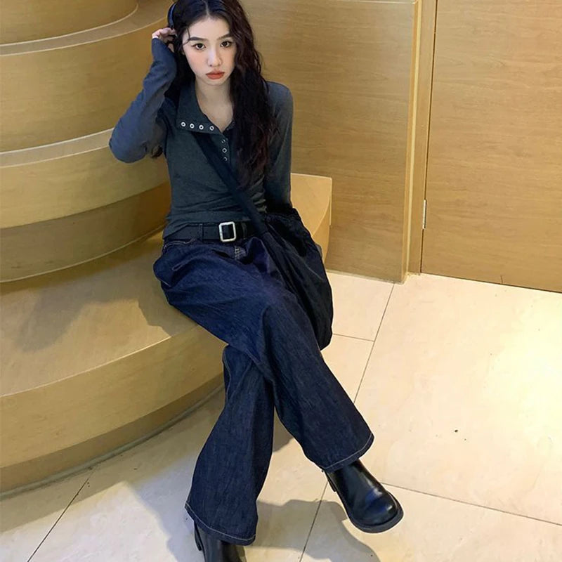Fall Winter Long Sleeve Knit Pullovers Woman Y2K High Street Button Up Sweaters for Women Vintage Gray Ribbed Bottoming Tops - Smarsty