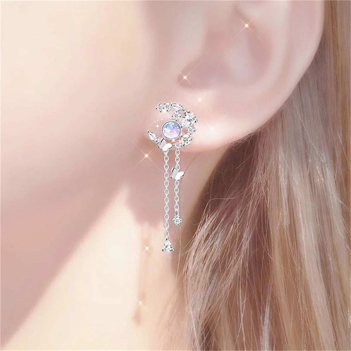 Korean Moon Butterfly Crystal Drop Earrings for Party Women - Smarsty