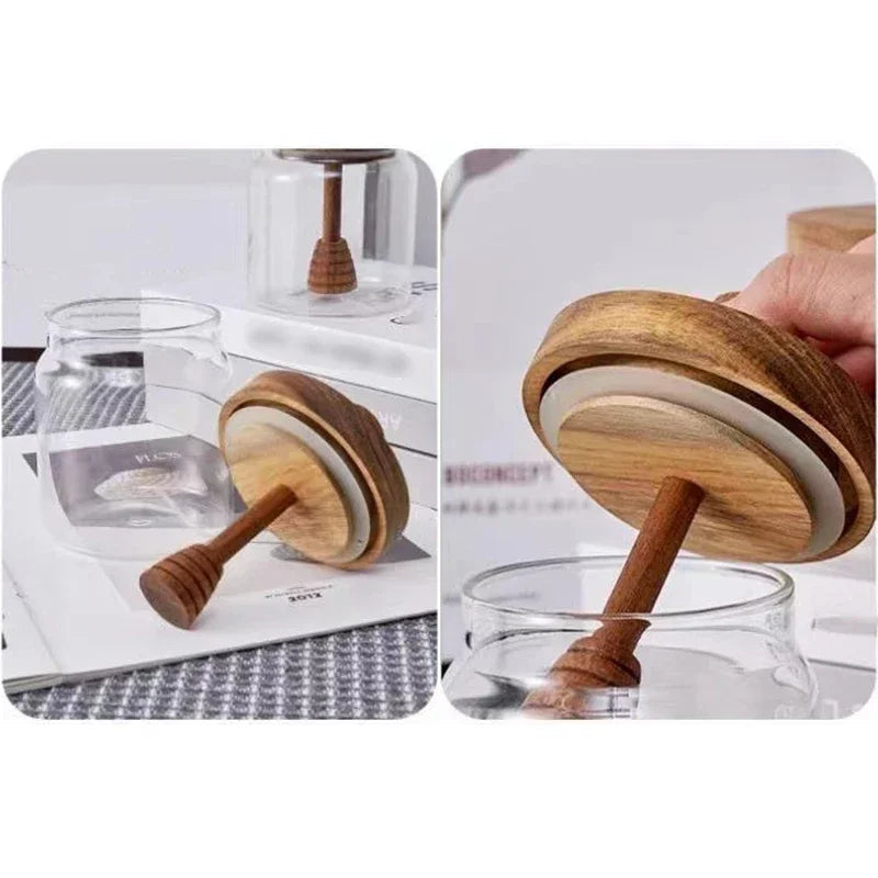 Honey Jar High Borosilicate Glass Sealed Tank Mixing Rod with Wooden Cover Transparent Honey Bottle Kitchen Storage Containers by Smarsty