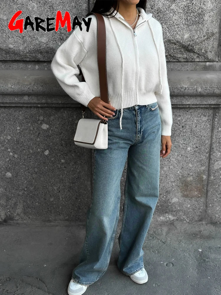 Autumn Knitted Women's Short Cardigan with Zipper Gray Winter Sweater Casual Cute Vintage White Cardigan for Women with Hood - Smarsty