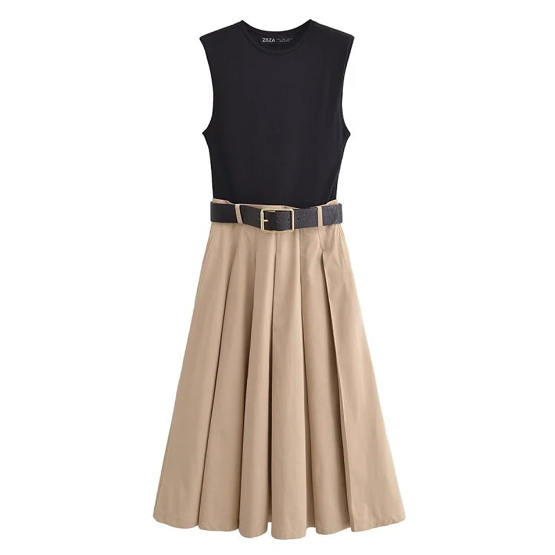 MUJER 2025 Woman Dresses Belt Pleated Midi Dress Women Sleeveless Summer Dress Woman Knitted Party Dresses for Women Sundress - Smarsty