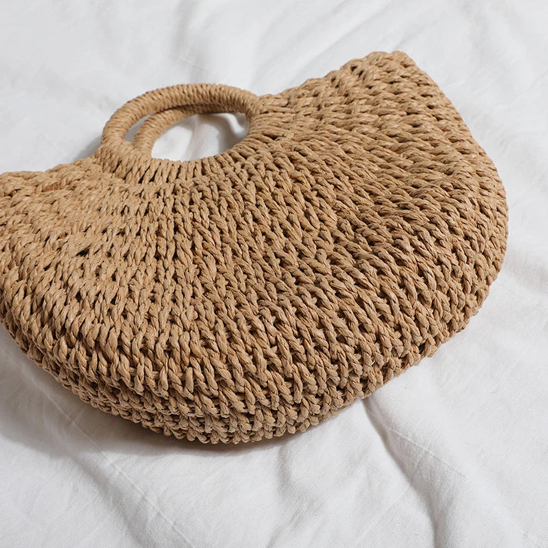 Summer Handmade Straw Bag for Women Beach Tote Moon Shaped - Smarsty