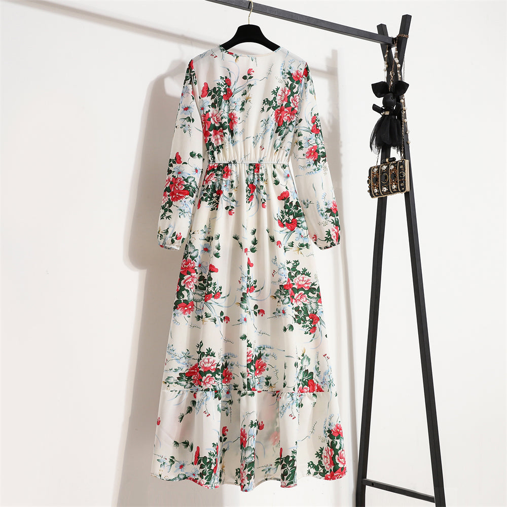 2023 Sping Summer Bohemian Women Maxi Dress Casual Long Sleeve High Waist Beach Woman Chiffon Dresses Floral Vestidoes Mujer New - Smarsty