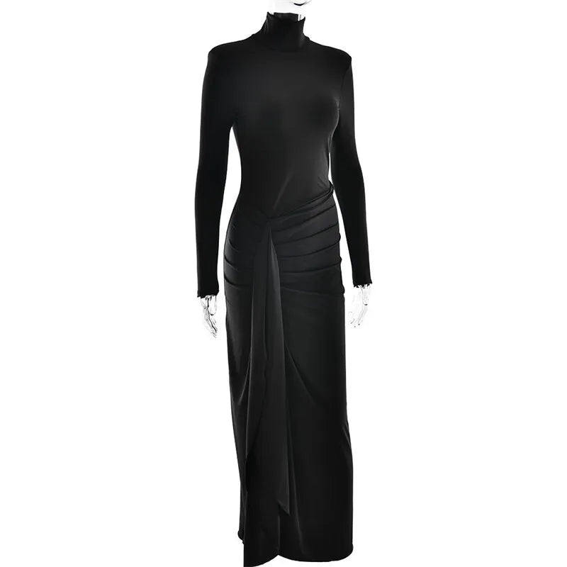 Mozision Turtleneck Thigh High Split Sexy Maxi Dress For Women Fashion Long Sleeve Draped Bandage Bodycon Club Long Dress - Smarsty