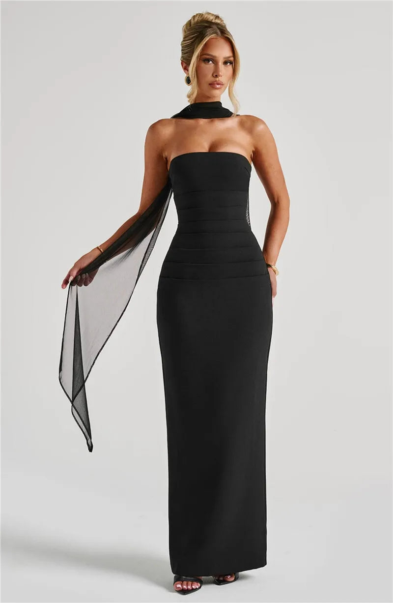 Mozision Scarf Collar Strapless Sexy Maxi Dress For Women Fashion Off-shoulder Backless Bodycon Club Party Long Dress Elegant - Smarsty