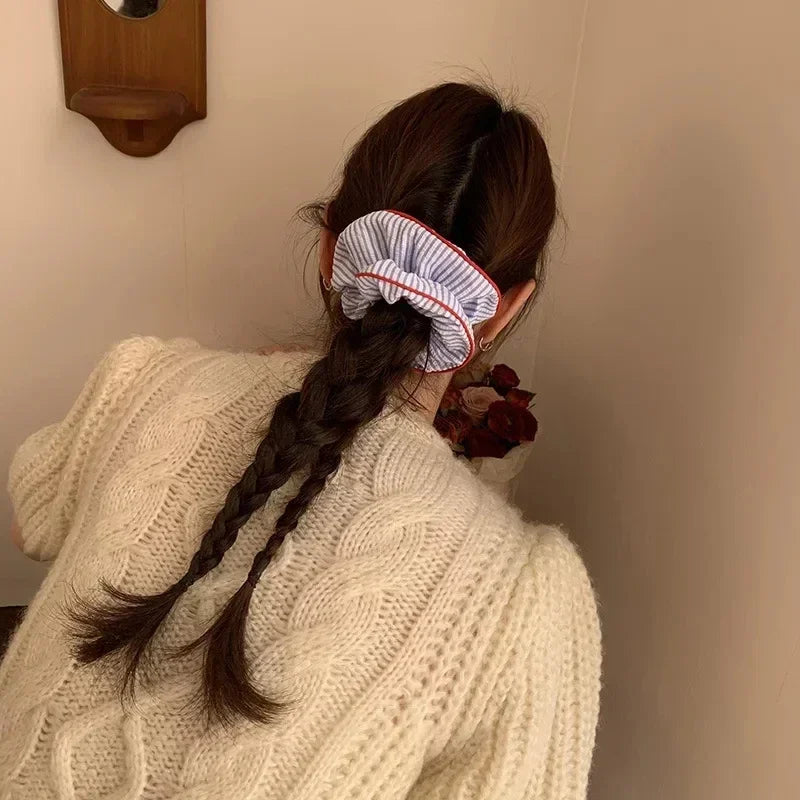 Striped Blue Red Scrunchie Hair Tie Soft Elastic Comfort - Smarsty