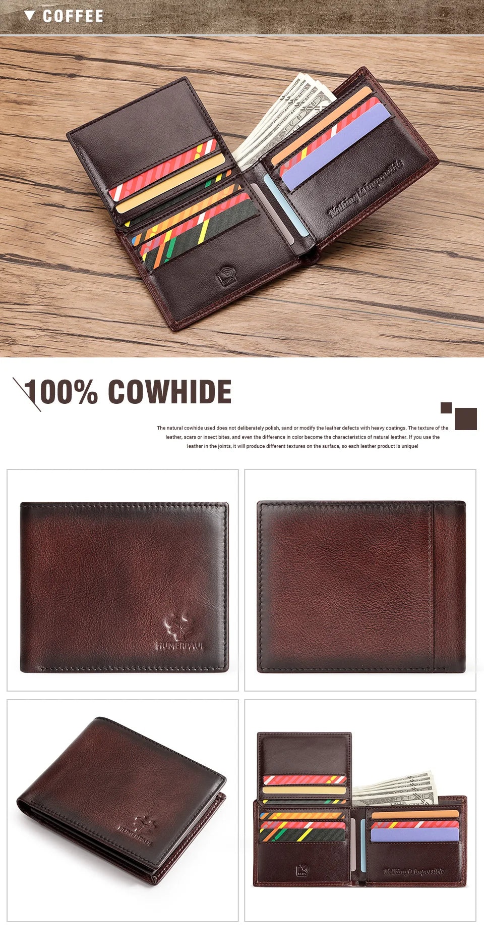 KAVIS Handmade Men's Wallet Genuine Leather RFID Card Holder with ID Window Large Capacity Male Storage Money Bag Fashion