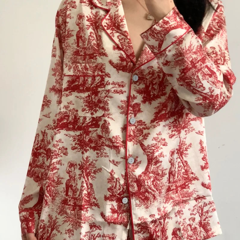 Fashion Print Flower 2PCS Pajamas Set Women Sleepwear Spring Summer Trouser Suits Lounge Wear Loose Satin Homewear Pijamas Suit - Smarsty