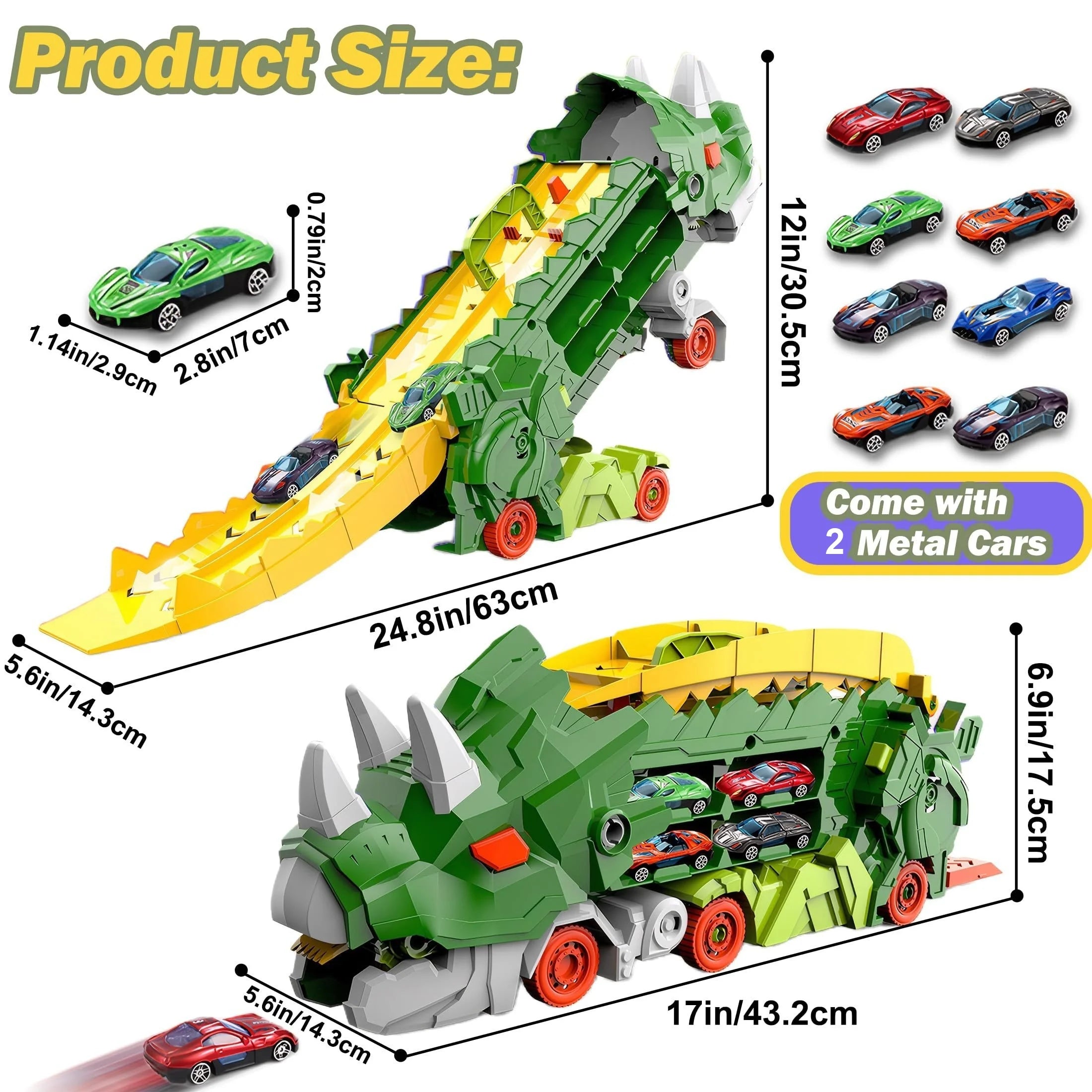 New product folding dinosaur Transporter Car Toys competitive game roll to eat & store die-cast cars(Come with2 Metal Cars) by Smarsty